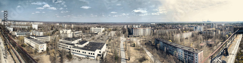 Panorama of abandoned Chernobyl from rooftop on nuclear power pl