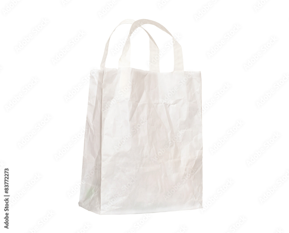 Old white paper bag with handles, crumpled,isolated Old white paper bag with handles, crumpled,isolated