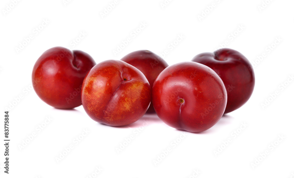 Ripe plum fruit on white background
