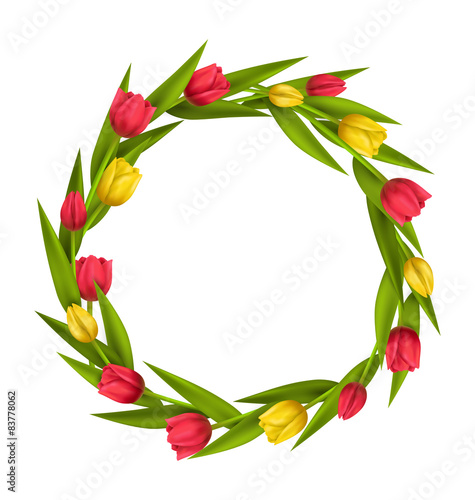 Circle frame with tulips red and yellow flowers isolated on whit