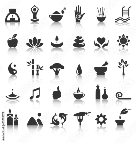 Spa yoga zen flat icons with reflection on white background