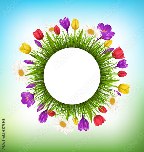 Circle frame with green grass and flowers. Floral nature backgro