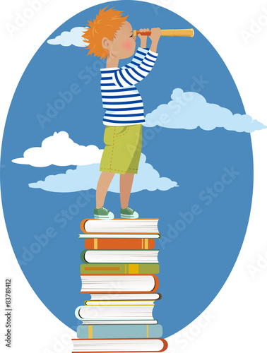 Boy standing on a pile of books with telescope