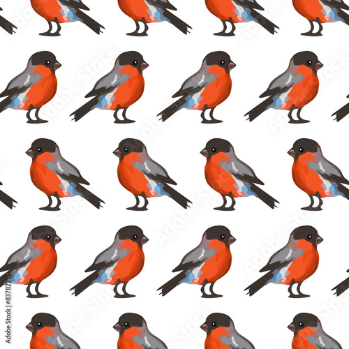Seamless pattern with birds, cute bullfinches. Vector seamless texture for wallpapers, pattern fills, web page backgrounds
