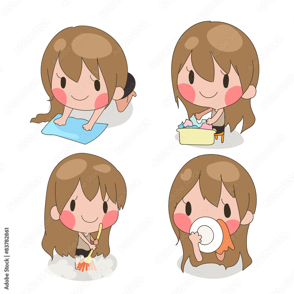 set of cute girl do housework.cleanning washing. set of cute girl do housework.cleanning washing.