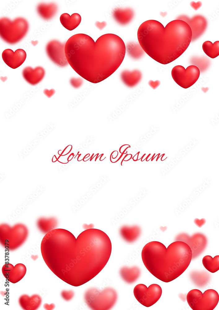 Romantic invitation card template, blurred red hearts, vector illustration
