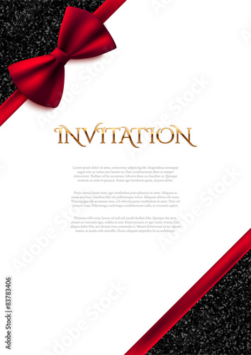 Invitation decorative card template with red bow and shiny glitter