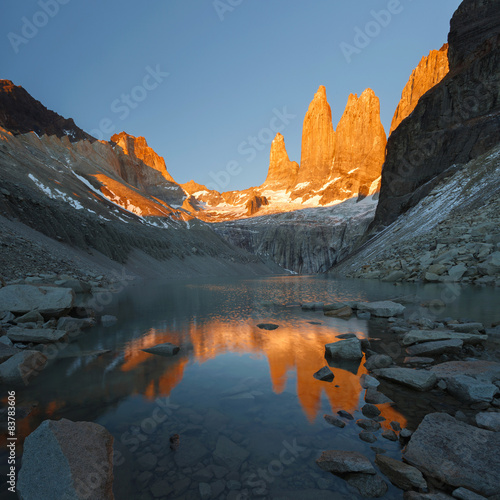 Towers Towers at sunrise, national park Torres del Paine, Patago