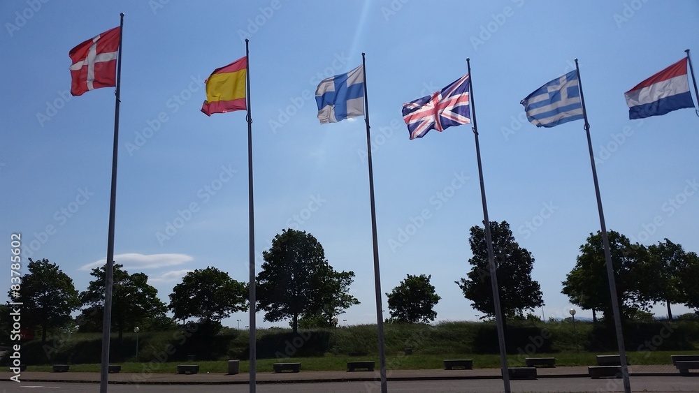 Fototapeta premium Drapeaux européen et ciel bleu