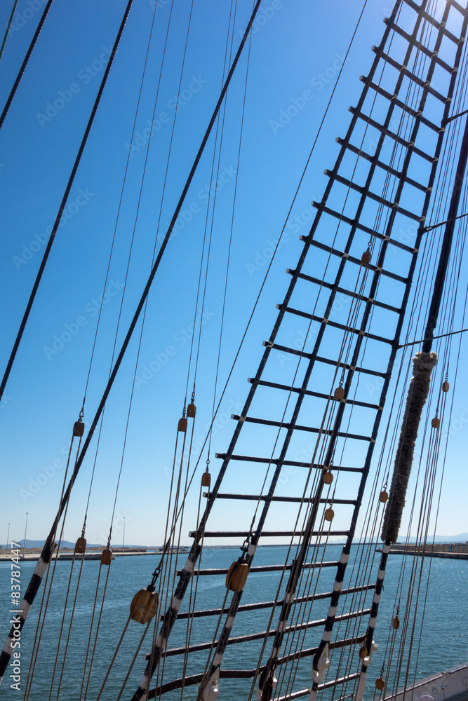 Marine rope ladder at pirate ship Stock Photo