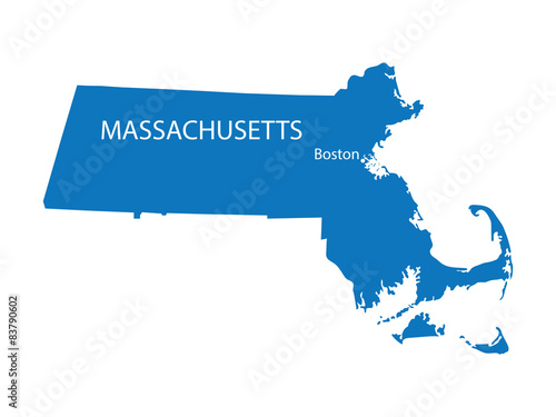 blue map of Massachusetts with indication of Boston