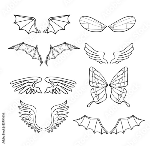 wings set, vector illustrations.