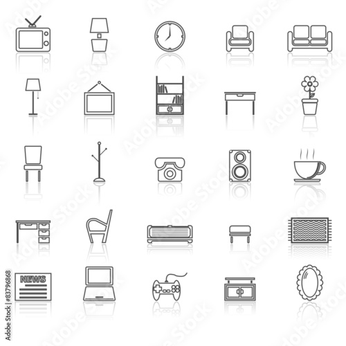 Living room line icons with reflect on white