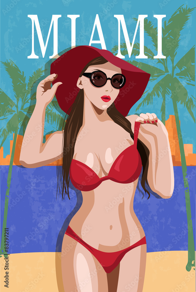 Woman in a swimsuit in Miami retro poster.