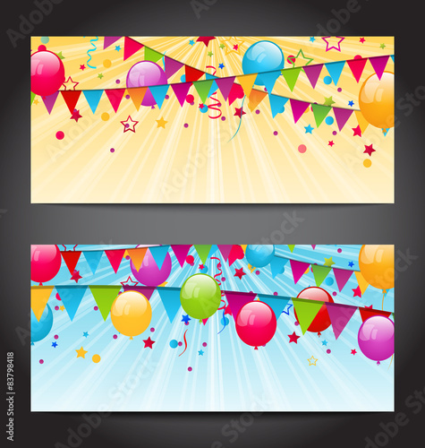 Abstract banners with colorful balloons, hanging flags and confe