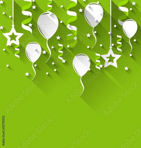 Birthday background with balloons, stars and confetti, trendy fl