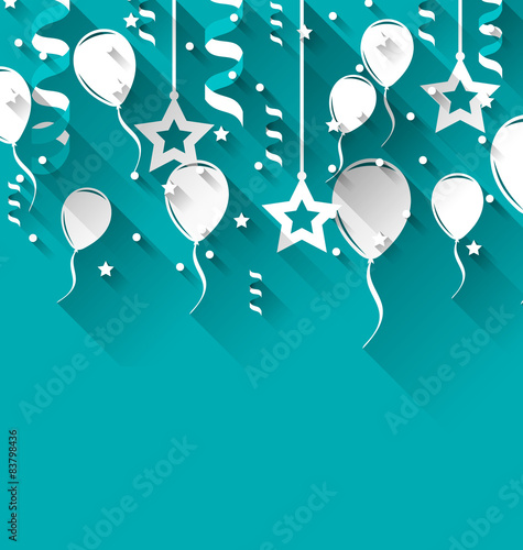 Birthday background with balloons, stars and confetti, trendy fl