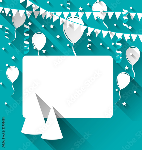 Celebration card with party hats, balloons, confetti and hanging