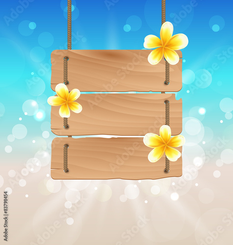 Hanging wooden signboard with tropical flowers frangipani