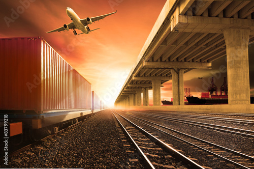 Wall Mural industry container trains running on railways track  cargo plane