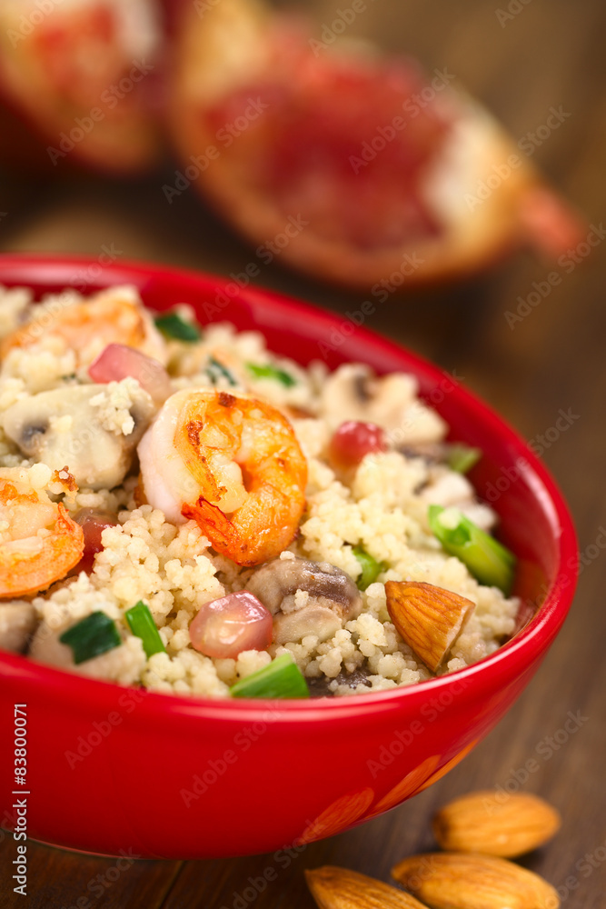 Couscous with shrimp, mushroom, almond, pomegranate Couscous with shrimp, mushroom, almond, pomegranate