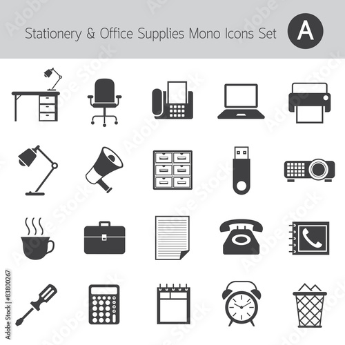 Office Supplies and Stationery Objects Mono Icons Set A
