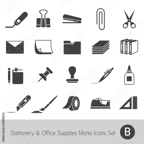 Office Supplies and Stationery Objects Mono Icons Set B