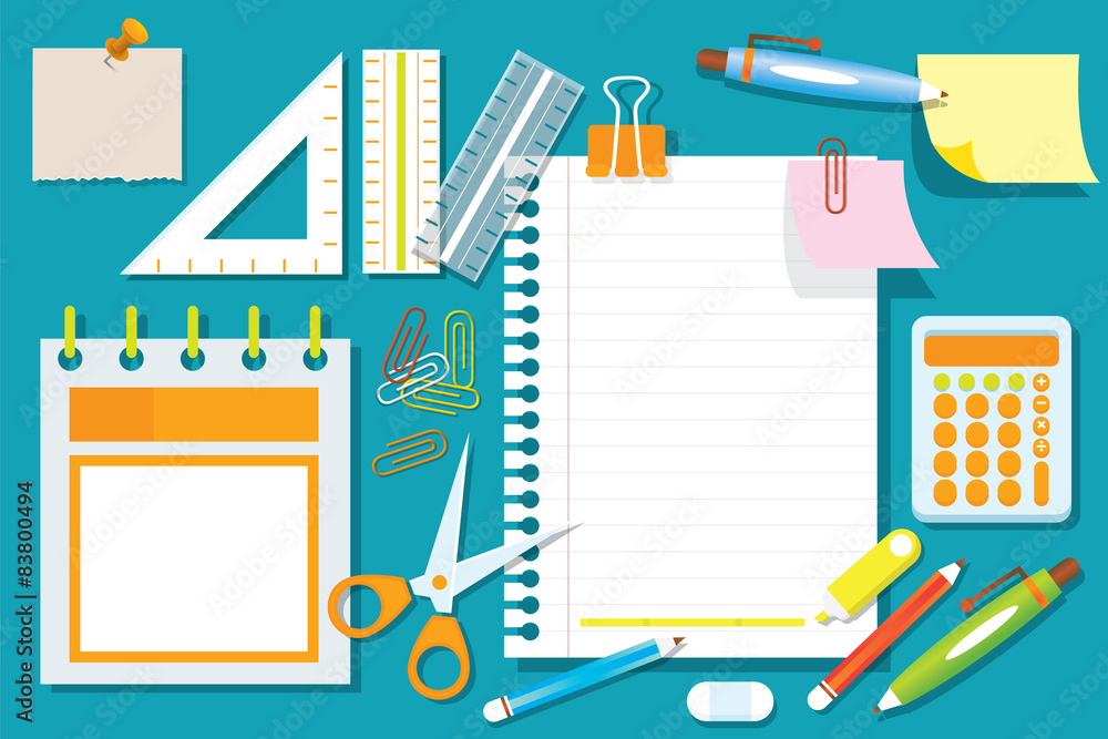 office-supplies-and-stationery-flat-design-objects-vector-de-stock