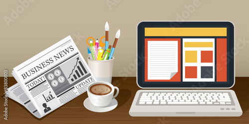 Laptop Newspaper Coffee Cup and Stationery Object