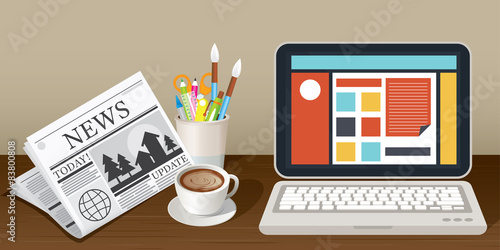 Laptop Newspaper Coffee Cup and Stationery Object