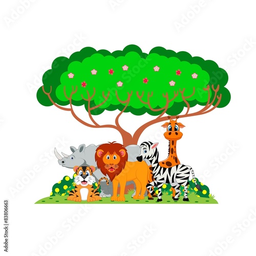Lion  tiger  zebra  rhino and giraffe were playing under a tree