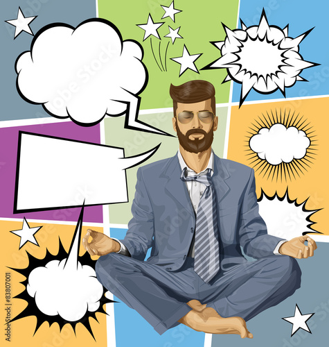 Businessman Hipster in Lotus Pose Meditating With Bubble Speech
