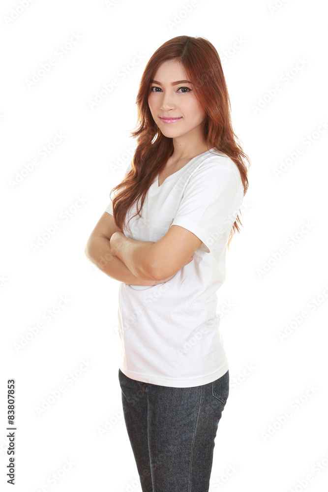 woman with arms crossed, wearing white t-shirt woman with arms crossed, wearing white t-shirt