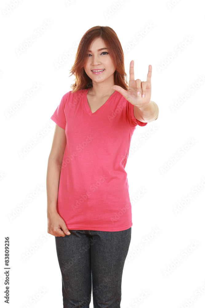 woman in t-shirt with hand sign I love you woman in t-shirt with hand sign I love you
