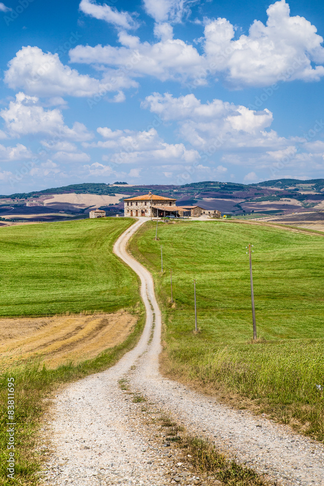 Scenic Tuscany landscape with farm house, Val d'Orcia, Italy