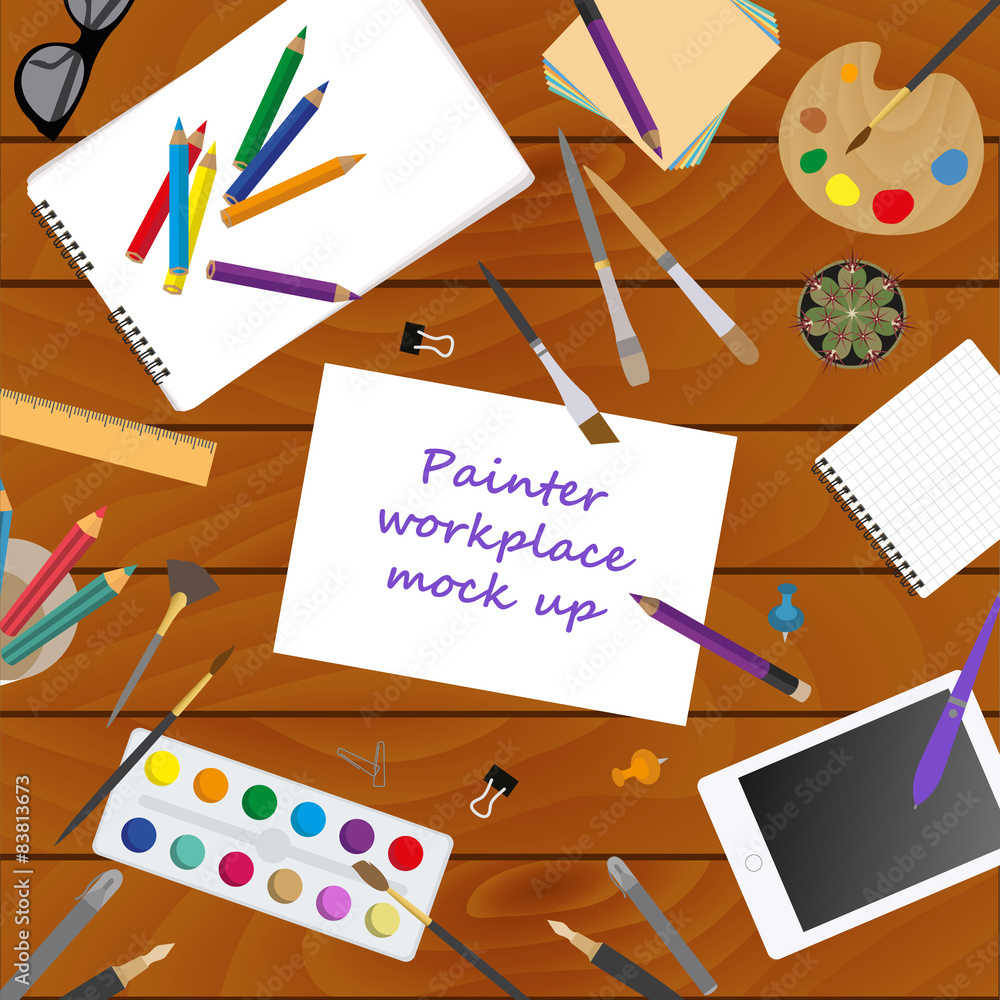 Workspace of the painter, artist. Mock up for creating your own Workspace of the painter, artist. Mock up for creating your own