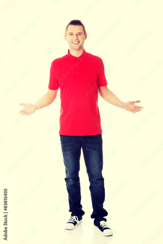 Excited man showing copy space Excited man showing copy space