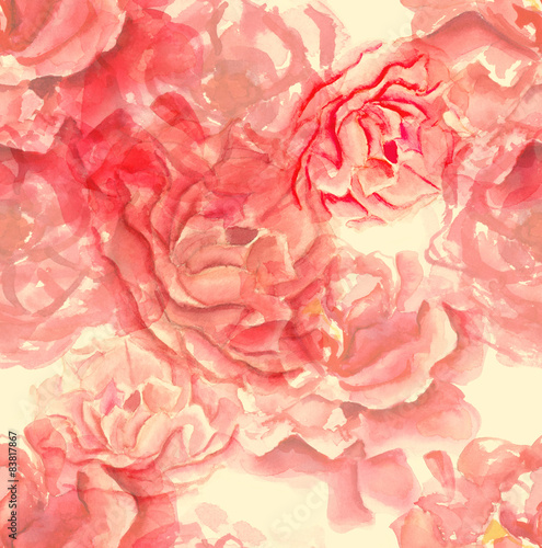Watercolor tea roses seamless background pattern  toned