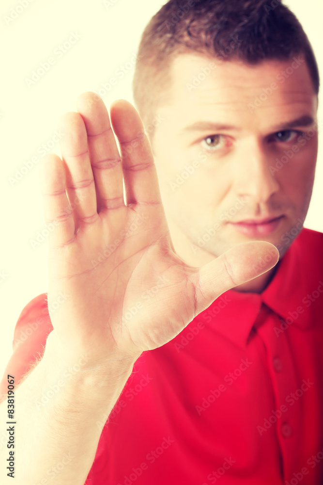 Fototapeta premium Man pressing an abstract touchscreen button