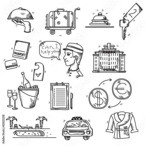 Hotel Services icons doodle hand drawn style concept vacation