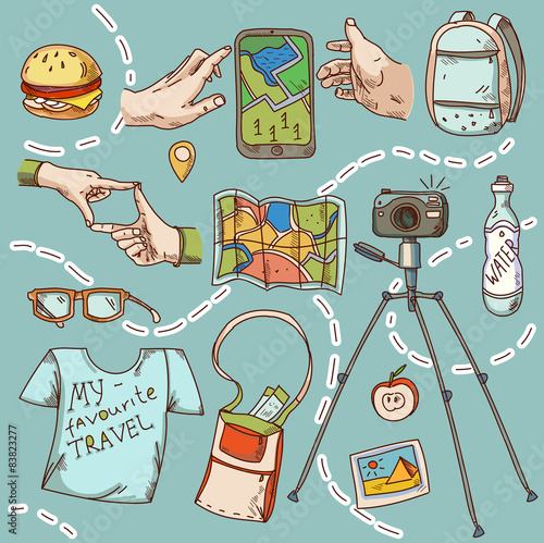 Travel and tourism icon things for travelling summer vacation.