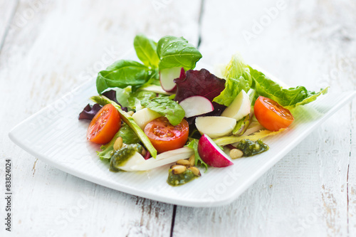 leafy salad and mozzarella with pesto and tomatoes