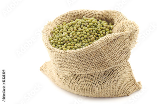 Obraz na płótnie Mungo beans (Vigna radiata) in a burlap bag on a white background