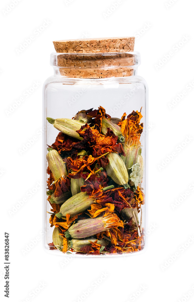 Dried Marigold flowers in a bottle with cork stopper for medical Dried Marigold flowers in a bottle with cork stopper for medical