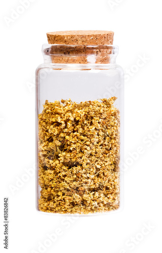 Sambucus nigra in a bottle with cork stopper for medical use.
