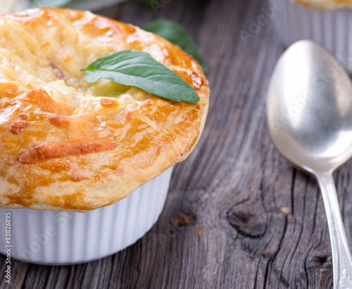 Chicken pot pie with cheese and basil