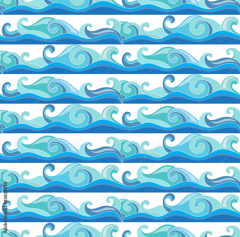 Vector background with blue sea waves. Seamless  pattern