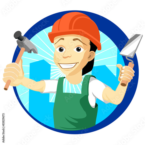 Cheerful plasterer with a trowel and hammer