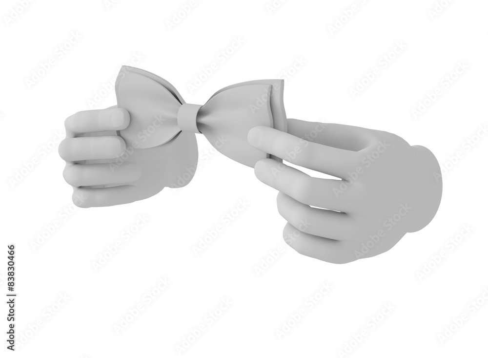 3d white human hand straightens bow tie . White background. 3d white human hand straightens bow tie . White background.