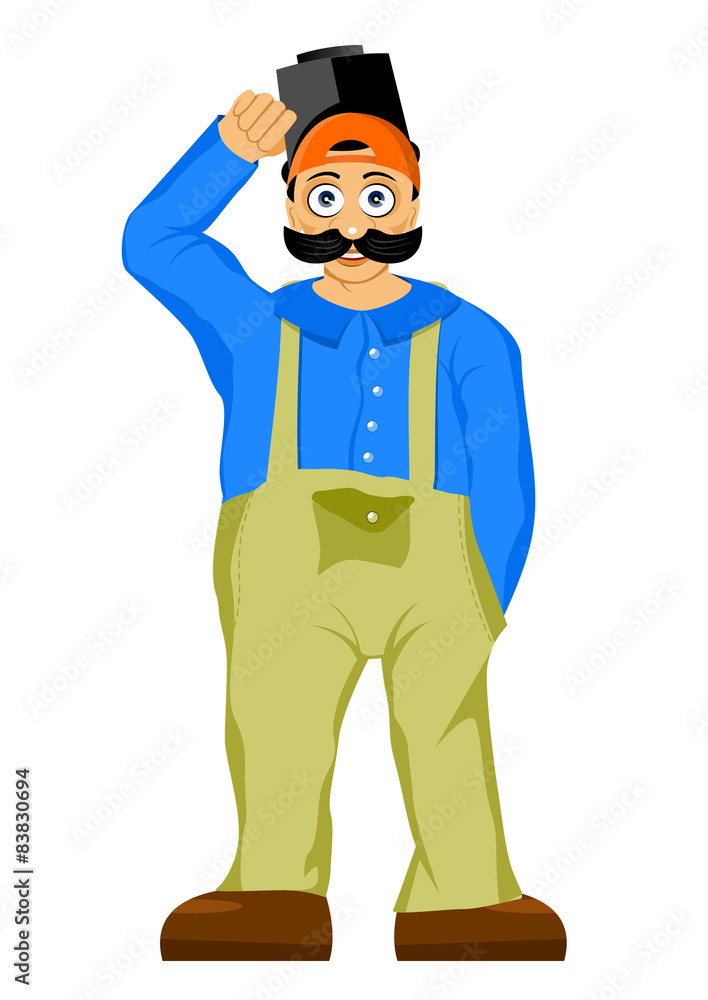 welder with mustache and bulging eyes